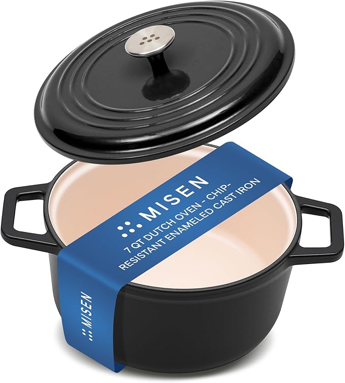 Misen 7 QT Enameled Cast Iron Dutch Oven - Chip-Resistant Enamel Coating - Thick Iron Core For Heat Retention - Large Cooking Surface - Oven Safe, Induction Compatible - Traditional Lid, Black