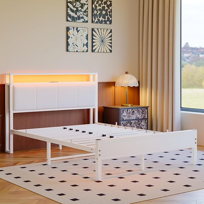 Full Size Bed Frame with LED Lights,Upholstered Headboard with Storage Shelves&Charging Station, Heavy Duty LED Bed Frame Full Mattress Foundation No Box Spring Needed, Noise Free,White