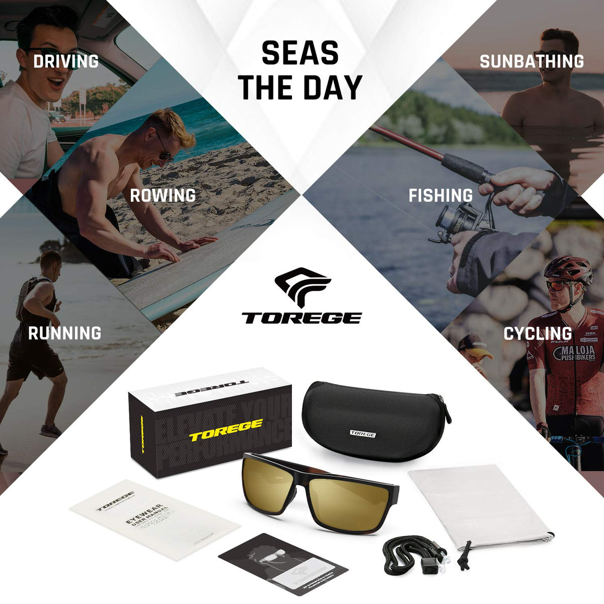 TOREGE Polarized Sports Sunglasses for Men and Women Cycling Running Golf Fishing Sunglasses TR26 (Tortoise Frame & Brown Lens)