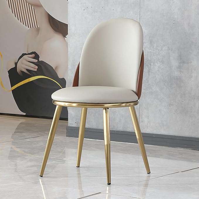 Dining Chairs Set of 2, Modern PU Leather Dining Gold Metal Legs for Living Kitchen Dining Room Beige