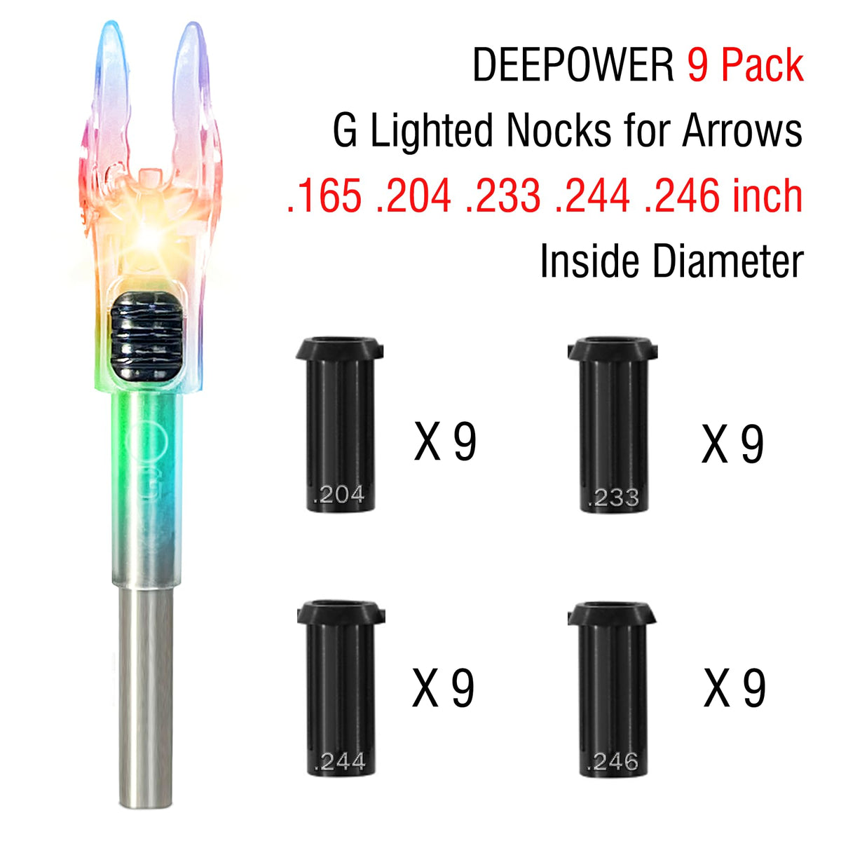 DEEPOWER 4/9 PCS G Lighted Nocks for Arrows .165 .204 .233 .244 .246 inch Inside Diameter with X,H,S,GT Bushings LED Lighted Nock and ON/Off Switch for Archrey Hunting