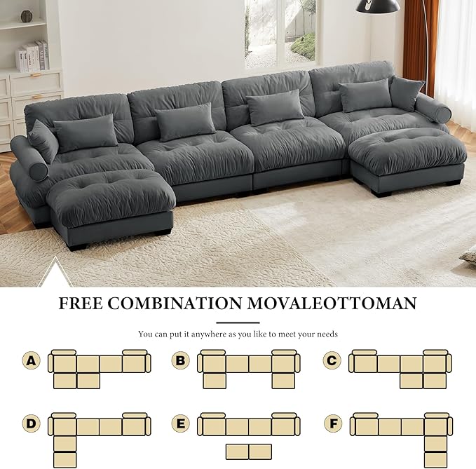 166" Grey Modular Sectional Sofa, 4 Seater Large Sectional Couches for Living Room, Velvet Fabric Oversized Fluffy Cloud Couch with Ottoman, Deep Seat Home Sofas Set, Sofá Moderno, U Shaped