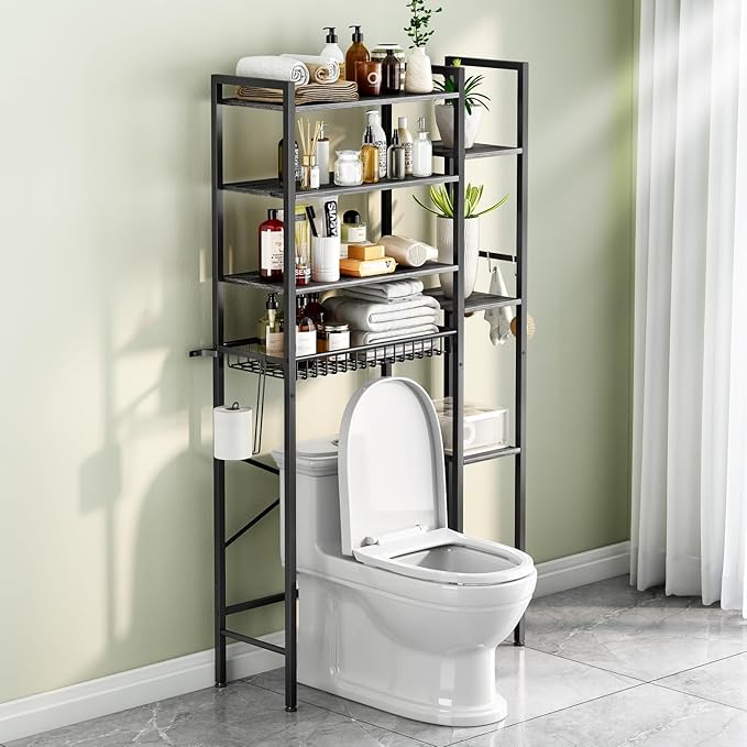 8-Tier Over The Toilet Storage with Side Rack, Over Toilet Storage Rack with Adjustable Shelf & Drain Basket, Freestanding Bathroom Organizer for Balcony, Laundry (Modern Grey)