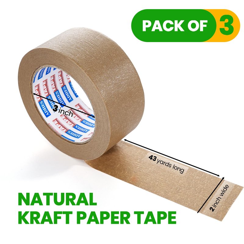 ADHES Heavy Duty Paper Packing Tape Kraft Paper Tape, Eco Friendly & Biodegradable, Writable & Uncoated Brown Packing Tape for Masking, Sealing, and Packaging Use, 2 Inch x 43 Yards, 3 Rolls