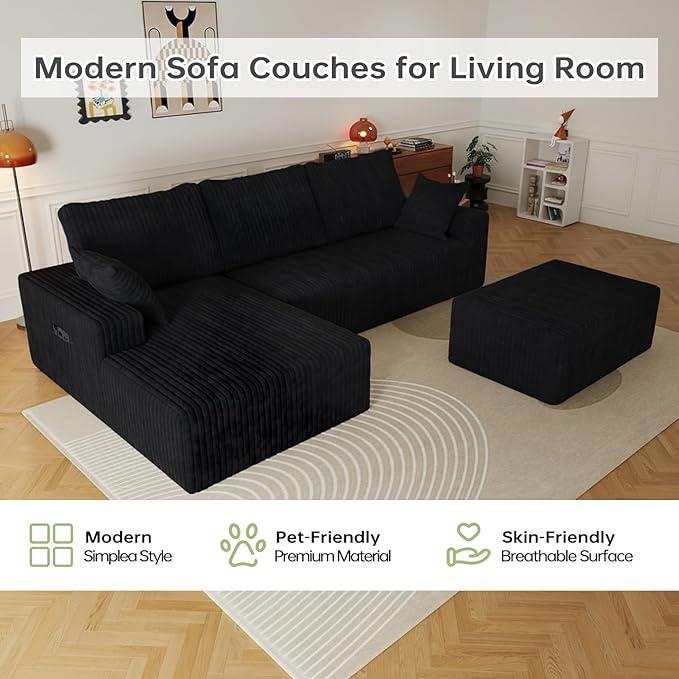 Cloud Sectional Couch with L-Shape Chaise,4 Seat Modern Modular Sofa with Deep Seat (Black, Ottoman)