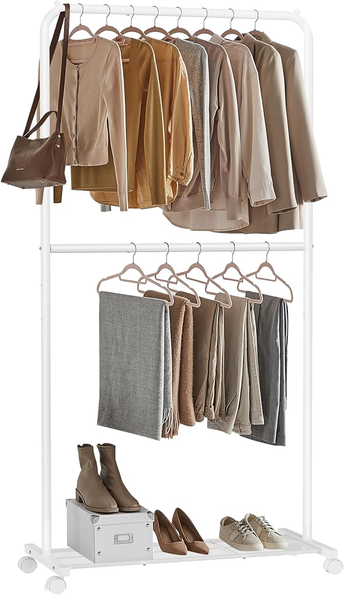 SONGMICS Clothes Rack with Wheels, Double-Rod Clothing Rack for Hanging Clothes, 25.4mm Metal Garment Rack with Dense Mesh Storage Shelf, 110 lb Load Capacity, 2 Brakes, White UHSR027W01