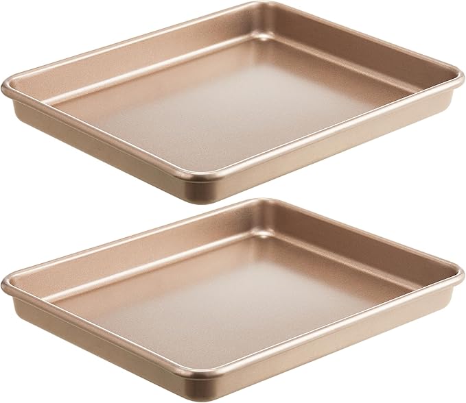 HONGBAKE 2 Pack 11 x 9 Inch Toaster Oven Pans and Trays, Small Baking Sheet Set for Cooking, Non-Stick Cookie Sheets, Heavy-Duty 0.8mm Thick, Easy to Clean, 1.26 Inch Deep, Gold