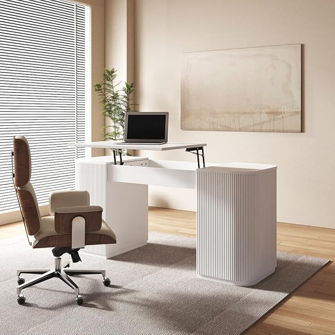 homary Modern 59.8" Standing Desk with Lift-Top & Ample Storage, Fluted Engineered Wood Home Office Desk with 2 Doors, White