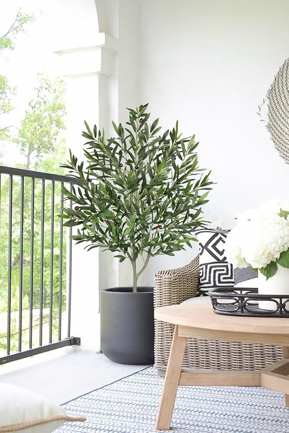 Hollyone Faux Olive Tree with Pot 4.2FT Small Fake Olive Tree Indoor 50.4inch with Natural Wood Trunk and Lifelike Fruits Potted Artificial Tree Plant Home Office Modern Housewarming Decoration Gift