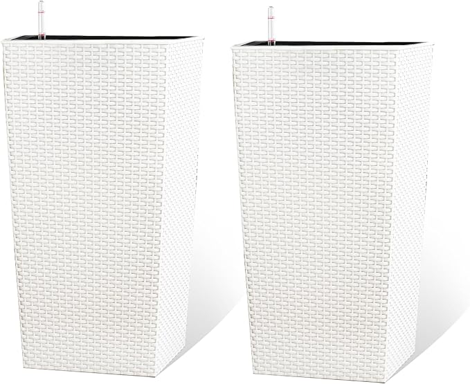 23in Tall Planter Set of 2, Large Self Watering Pots for Indoor/Outdoor Plants with Drain Holes, Water Level Monitor, Inner Bucket for Front Porch Patio, White Rattan
