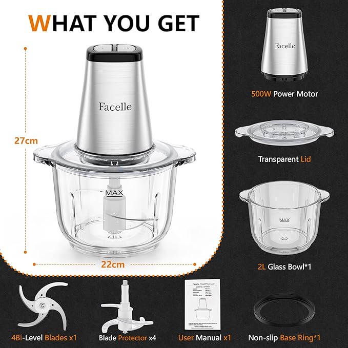 Food Processor, Facelle Meat Grinder 8-Cup Food Chopper Electric Vegetable Chopper 500W With 2L Glass Bowl & 4 Sharp Blades for Meat/Vegetable/Fruit/Nut/Baby Food