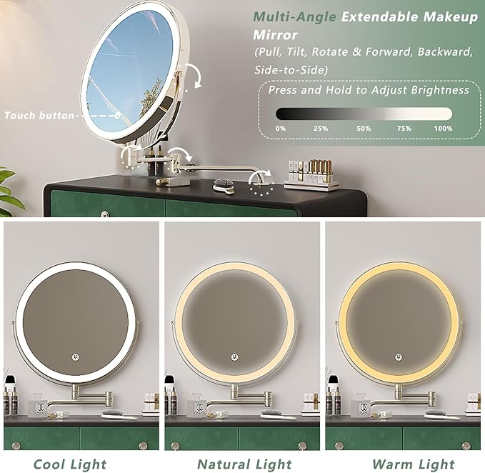 Vanity Desk with Adjustable Mirror and Lights, Makeup Vanity with 2 Drawers and Chair, Small Dressing Table with Leather Surface for Bedroom, 3 Lighting Modes