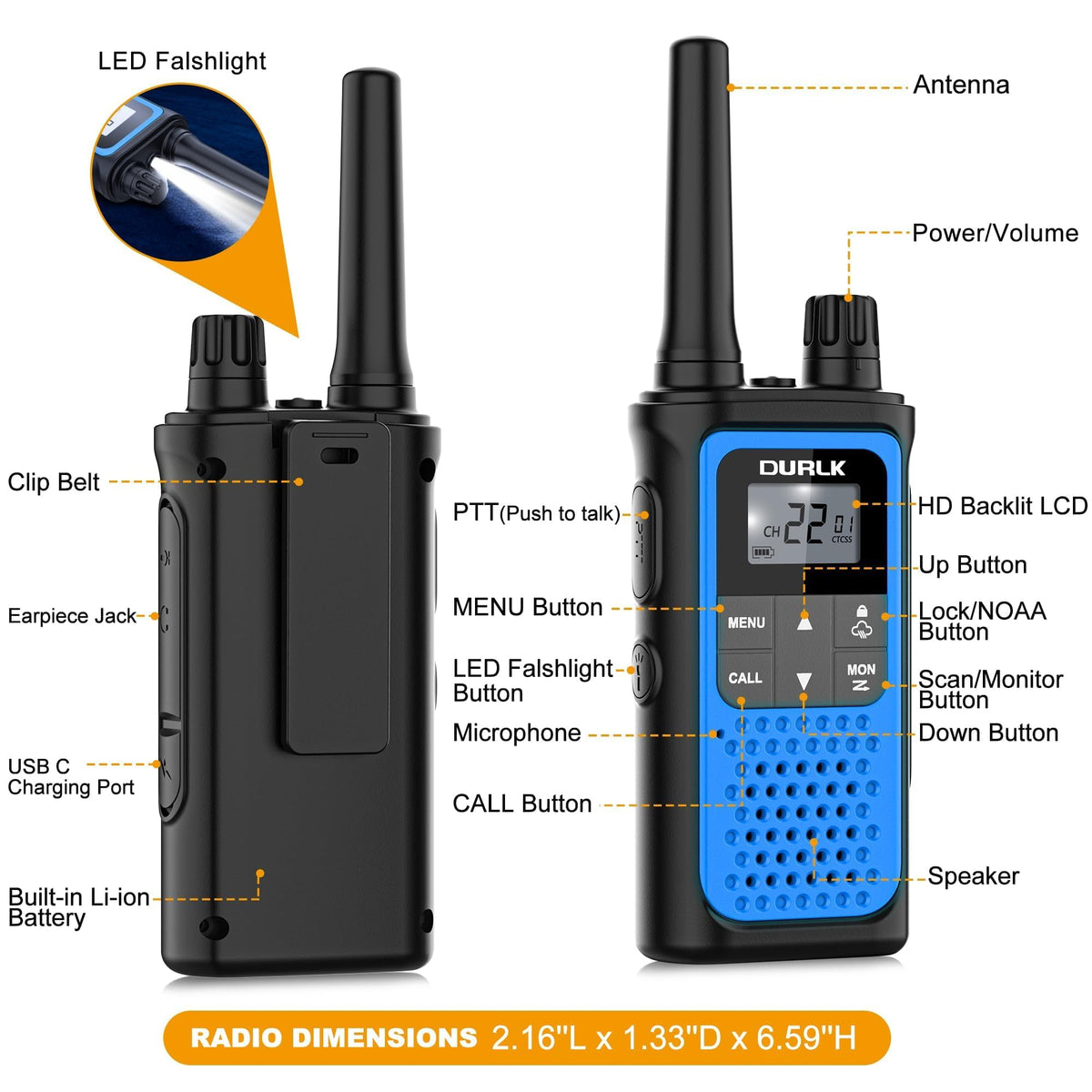 Walkie Talkies for Adults Long Range 2 Pack, Rechargeable Walkie Talkies 22 FRS Channels Two Way Radios with NOAA Weather Receiver, Noise Reduction, Volume Adjustment, LED Flashlight, 1800mAh Battery