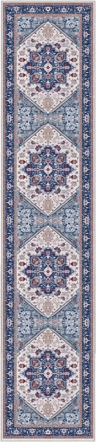OPPODREAM Thin Entryway Rug 2x10, 2x10 Rug Runner, Washable Hallways Carpet 2 x 10 with Non Slip Backing, Low-Pile Bedside Carpet 2 x 10, Long, Faux Cashmere, Navy Blue & Red & Cream
