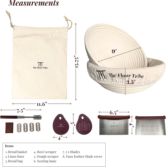 Banneton Bread Proofing Basket: Sourdough Bread Baking Supplies, Sourdough Starter Kit, Bread Making Supplies Tools, Baking Gift Set, 9 inch round rattan Basket, bread bag, dough scraper, scoring lame