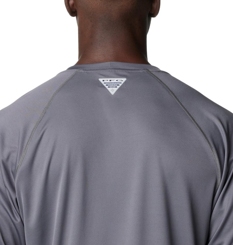 Columbia Men's Terminal Tackle Long Sleeve Fishing Shirt, City Grey/Tiki Pink Logo, XX-Large