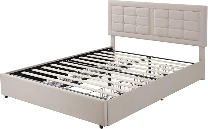 VECELO Queen Size Bed Frame with 4 Drawers, Adjustable Tufted Button Headboard, Upholstered Platform with Wood Slats Support, Built-in USB and Type C Ports, Beige