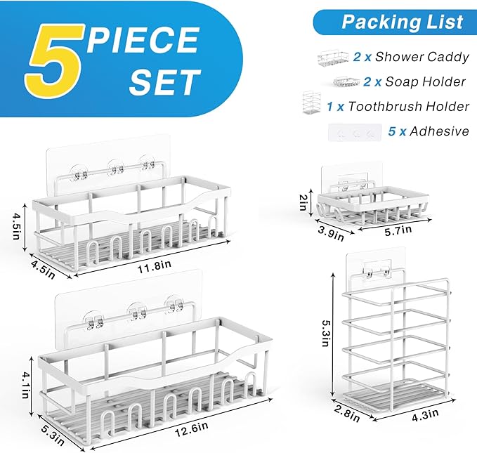 EUDELE 5-Pack Rustproof Stainless Steel Shower Caddy Set– No Drill Adhesive Bathroom Organizer, Space-Saving Shower Shelves for Apartment Essentials, Bathroom/Kitchen Storage Home Decor-L Size