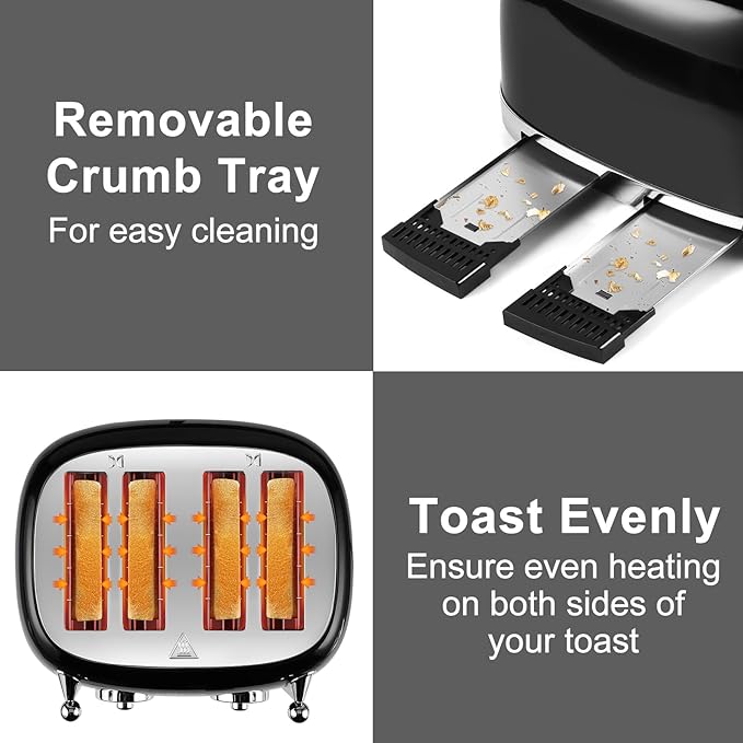 CUSIMAX Toaster 4 Slice with Wide Slots for Bagels, Black & Silver
