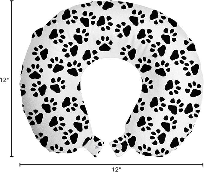 Ambesonne Paw Print Travel Pillow Neck Rest, Animal Feet Sign Pattern in Monochromatic Style Dog Cat Puppy Kitten, Memory Foam Traveling Accessory for Airplane and Car, 12", White Charcoal