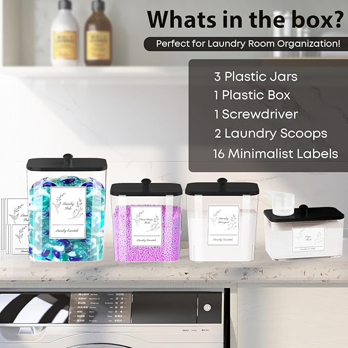 4 Pack Clear Laundry Pods Container & Dryer Sheet Holder, Plastic Square Laundry Room Organization and Storage Jars with Lids, Scoops & Labels for Detergent, Powder, Dryer Balls (Black Lid)