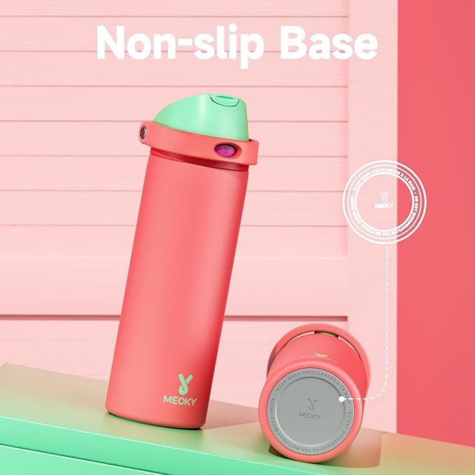 24 oz Insulated Water Bottle for Women: Meoky Stainless Steel Water Bottle with 2-in-1 Straw Lid - Leak Proof, Cold for 24 Hours, Fits in Car Cup Holder, BPA-Free for Sports Travel, Strawberry Field