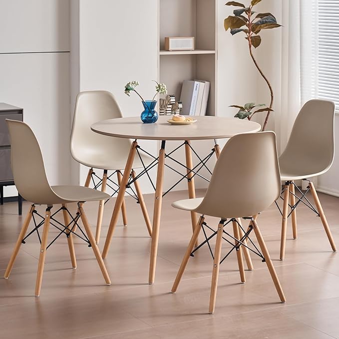 35.5'' 5 Piece Round Dining Table Set for 4, Mid-Century Modern Table with Chairs, Space Saving, Plastic Seats, Wood Legs, Circle Dinner Table for Kitchen, Home, Apartment, Khaki
