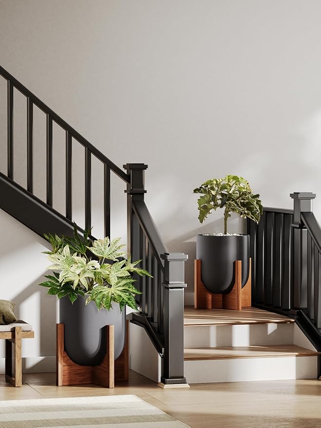 LE TAUCI 10 Inch Plant Pot with Acacia Wood Stand, Ceramic Planters for Indoor Plants, Plant Pots Indoor for Home Decor, Mid-Century Modern Pots for Plants with Drainage Hole and Plug, Charcoal Gray