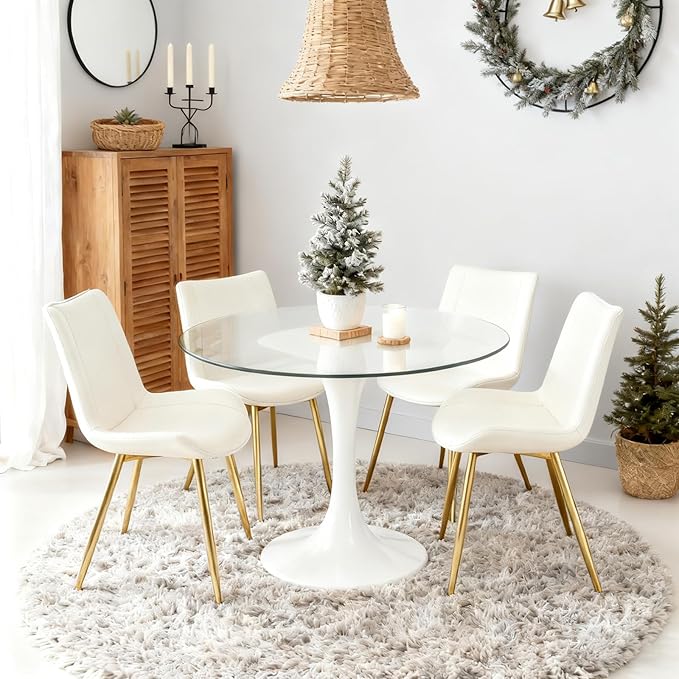 Brage Living Dining Chairs Set of 2, PU Leather Modern Armless Kitchen Dining Room Chairs, Upholstered Accent Side Chairs with Metal Legs (Pearl White, Gold Legs)