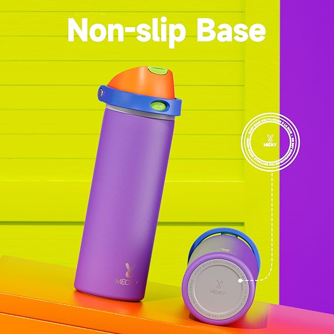 24 oz Insulated Water Bottle for Women: Meoky Stainless Steel Metal Water Bottle with 2-in-1 Straw and Spout Lid - Leak Proof, Cold for 24 Hours, Protective Silicone Base, BPA-Free for School, Violet