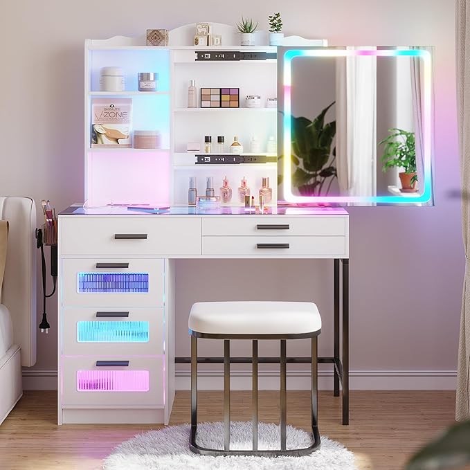 HENBC Vanity Desk with Sliding Mirror and Glass Desktop, LED Vanitys Mirror with RGB Lights Desk and Chair, Dressers Table Set with Charging Station/Makeup Organizer/6 Drawers for Bedroom(White)