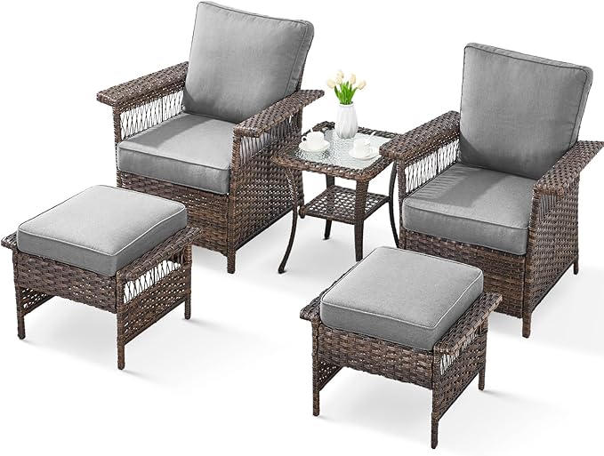 5 Pieces Wicker Patio Furniture Set - Hollow Widen Armrests Outdoor Rattan Chairs with Ottomans and Side Table, Small Patio Convention Set for Balcony Porch Deck and Yard - Brown - Gray