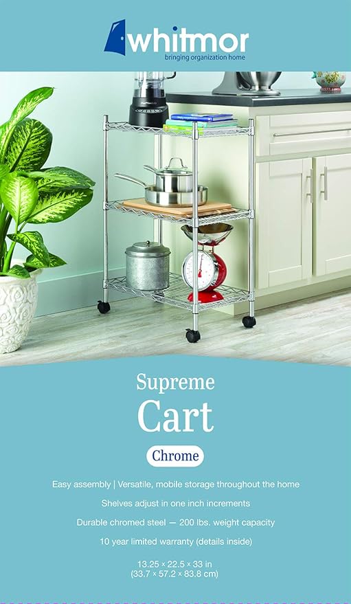 Whitmor Rolling 3 Shelf Cart, Chrome