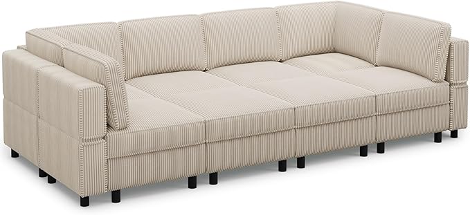 114.2" 8 Seat Modular Sectional Sofa with Deep Storage Seat, Comfy Corduroy Sectional Couch Convertible Modular Sleeper Sofa Couch with Movable Ottoman Chaise, Beige
