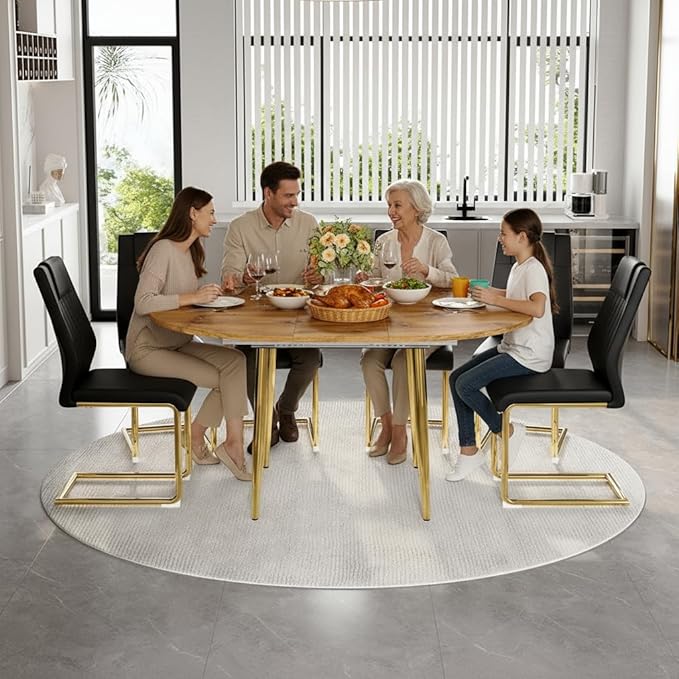 42" Round Dining Table for 4, 54" Oval Dining Table for 6, Extendable Kitchen & Dining Room Table with Metal Legs, Modern Rustic Space-Saving Adjustable Shape Dinner Table, Easy Assembly,Oak