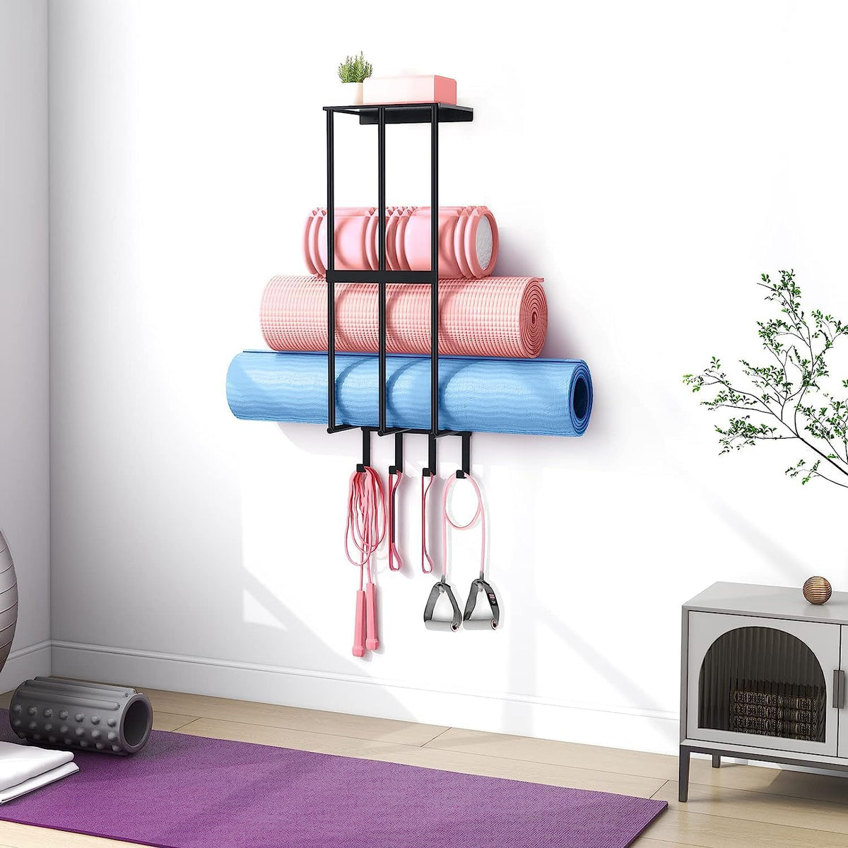 Camping Chair Wall Storage for Garage, Metal Camping Chair Storage Rack Wall Holder, Floating Shelf, 4 Hooks, Stainless Steel, Beach Chair Rack, Umbrella Holder, Garage Chair Organizer, Matte Black