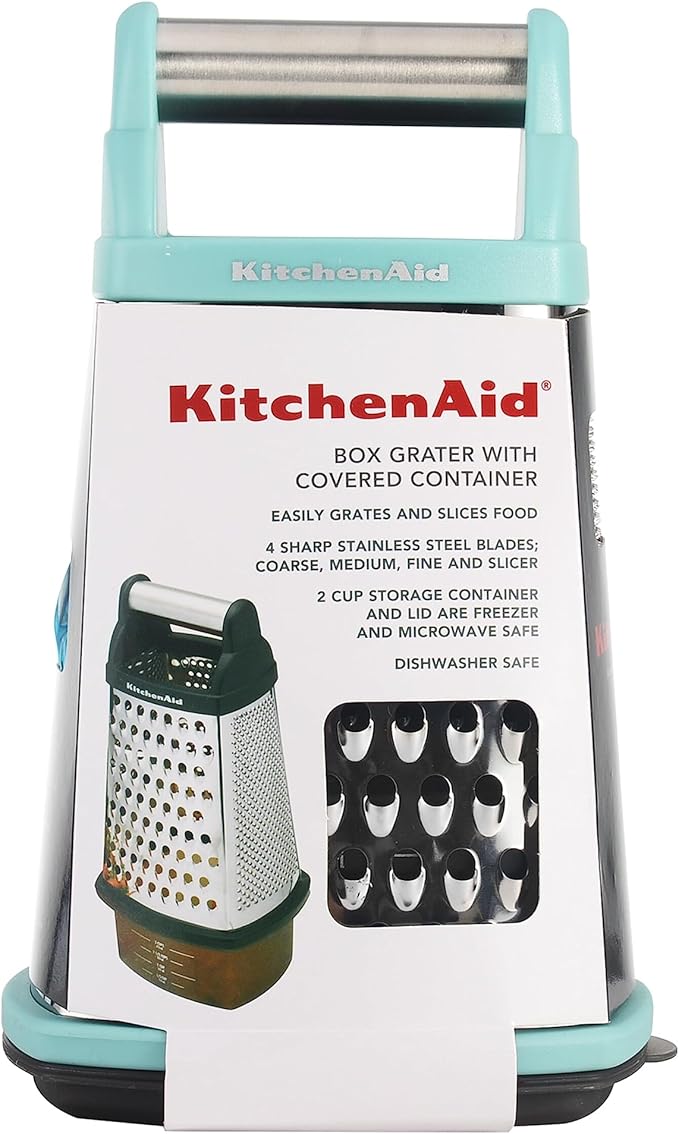 KitchenAid Gourmet 4-Sided Stainless Steel Box Grater for Fine, Medium and Coarse Grate, and Slicing, Detachable 3 Cup Storage Container and Measurment Markings, Dishwasher Safe, 10 inches tall, Aqua