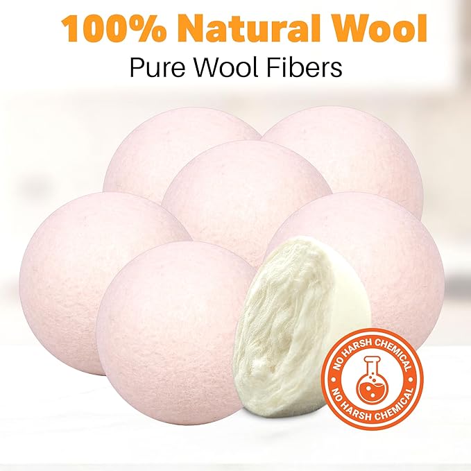 Wool Dryer Balls Organic Felt 6 Pack Laundry Fabric Softener, Extra Large Reusable Handmade Natural Sheep Wool Lint Wrinkle Free Anti Static Baby Safe (Plain White)