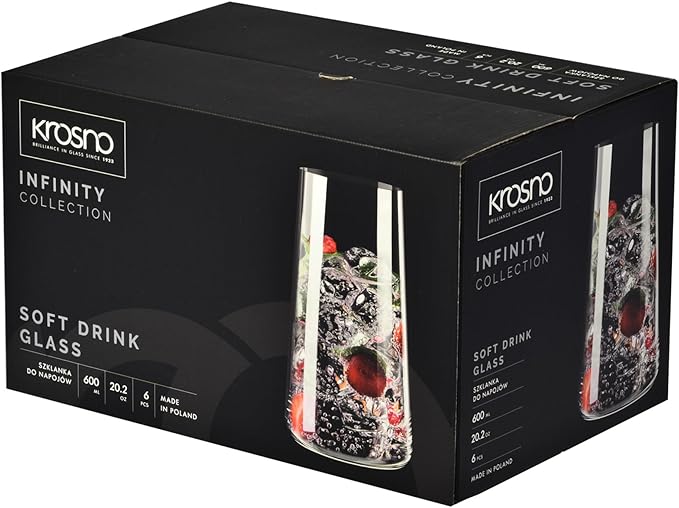 Krosno Water Glasses, Set of 6, Capacity 20 fl oz, Infinity Collection, Thin Highball Glasses,Clear Tall Glass Cups For Water, Juice, Drinks, and Cocktails, Dishwasher Safe, Made in Europe