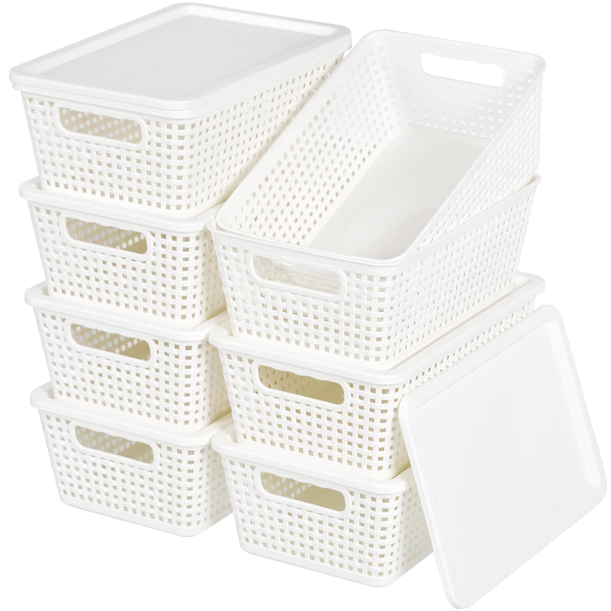 Anywish Plastic Storage Baskets With Lid, Storage Bins for Organizing, Stackable Decorative Containers for Shelves Drawers Desktop Closet Playroom Classroom Office, 8 Pack-Black