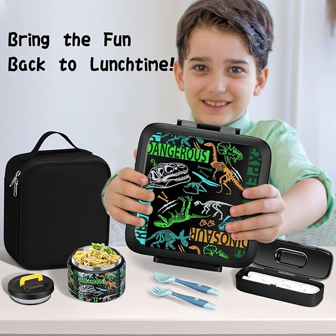 Bento Lunch Box for Kids With 8oz Soup thermo,Leak-proof Lunch Containers with 5 Compartment,thermo Food Jar and Lunch Bag, Food Containers for School (A-Black(Dinosaur Fossil))