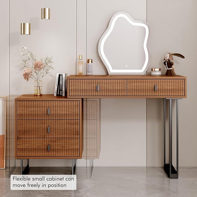 Brown Vanity Desk with Mirror and Lights,Small Makeup Vanity with 5 Drawers,Modern Makeup Table with Adjustable Cabinet for Bedroom,Makeup Room