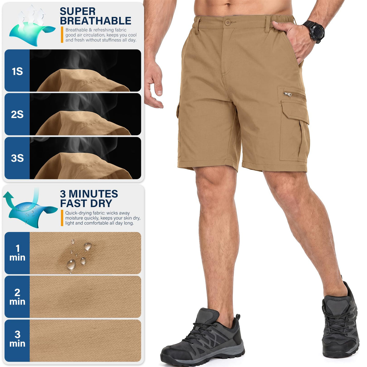 Jessie Kidden Mens Outdoor Casual Expandable Waist Lightweight Water Resistant Quick Dry Fishing Hiking Shorts (6222 Dusty Brown 44)