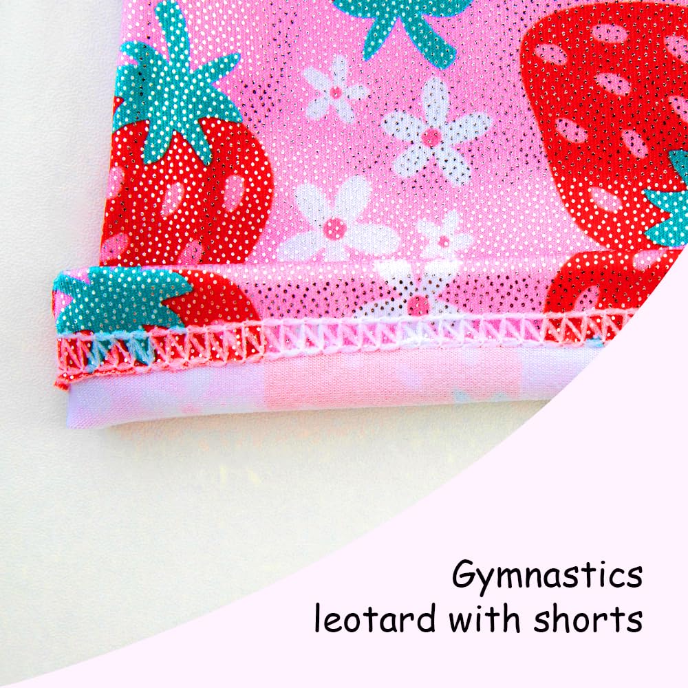 Gymnastics Leotards for Girls Toddler Ballet Dance Tumbling Outfits 7 8 Kids Sleeveless Gymnastic Biketard with Shorts Sparkly Dancwear Unitards Clothes Bodysuit (Pink Strawberry, 7-8 Years)