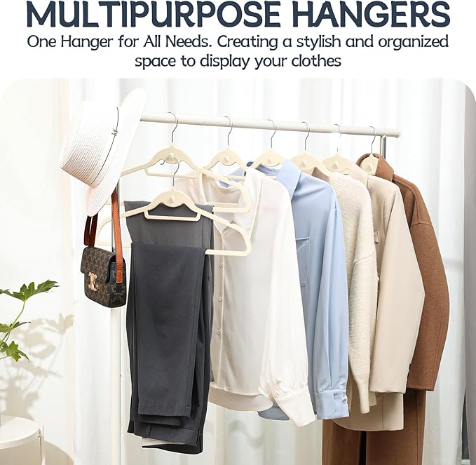 Velvet Hangers 50 Pack, Non Slip Stackable Clothes Hangers with Cascading Hooks, Ultra Thin and Space Saving Felt Hangers with Tie Bar, 360° Swivel Hooks, Heavy Duty for Suit Coat Shirt Pant- Ivory