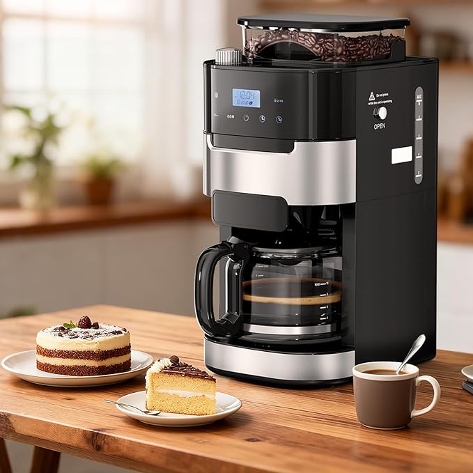 Drip Coffee Maker with Grinder Built In, 10-Cup Grind and Brew Coffee Machine Fully Automatic, Programmable with Brew Strength, Permanent Filter, Glass Carafe, 50oz Water Tank, Ideal for Home/Office