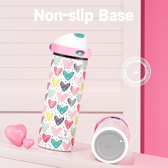 24 oz Valentine's Day Water Bottle: Meoky Stainless Steel Water Bottle with Straw and Spout Lid - Leak Proof, Cold for 24 Hours, Fits in Car Cup Holder, Valentines Day Gifts for Him Men Husband, Heart