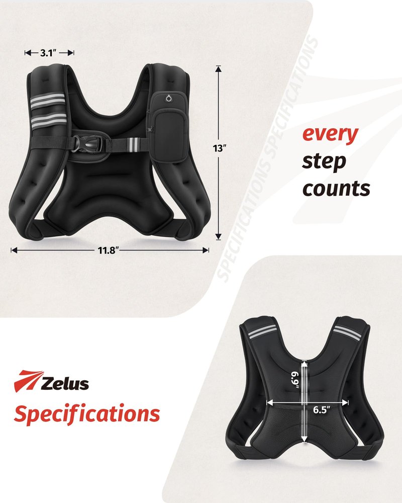 ZELUS Weighted Vest, 6lb/8lb/12lb/16lb/20lb/25lb/30lb Weight Vest with Reflective Stripe for Workout, Strength Training, Running, Fitness, Muscle Building, Weight Loss, Weightlifting, Black(6 lb)