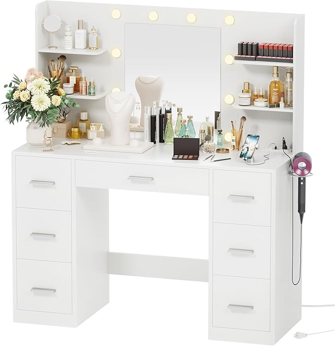 VICTONE Vanity Desk with LED Lighted Mirror&Power Outlet, 3 Model Lights Makeup Vanity Table with 7 Drawers and 6 Storage Shelves for Bedroom and Dressing Room (White)