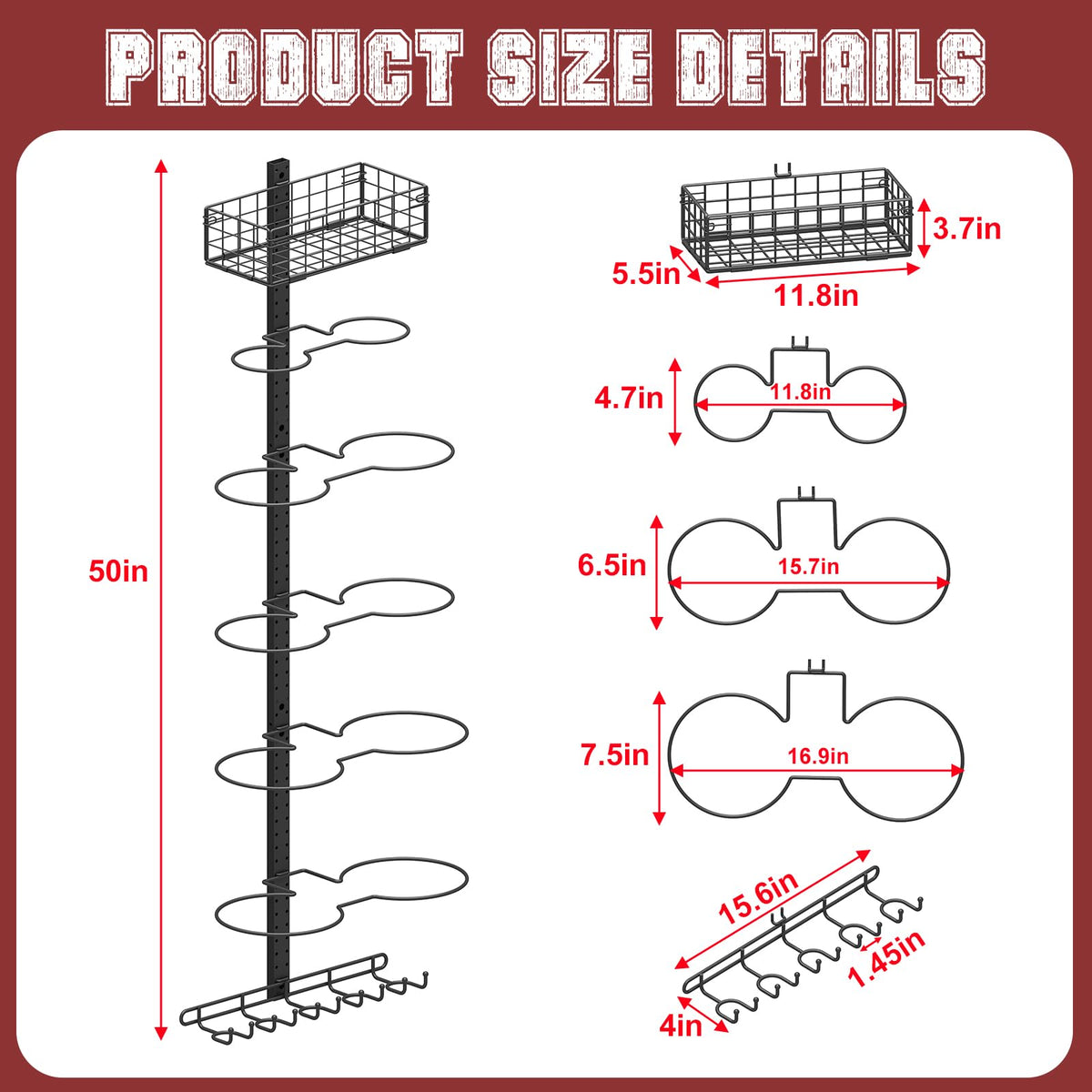 Feyejade 7 Tier Ball Holder Wall Mount:Detachable Wall Mounted Basketball Rack,10 Balls Vertical/Horizontal DIY with Hooks for Basketball Soccer Ball Volleyball Baseball Storage Display